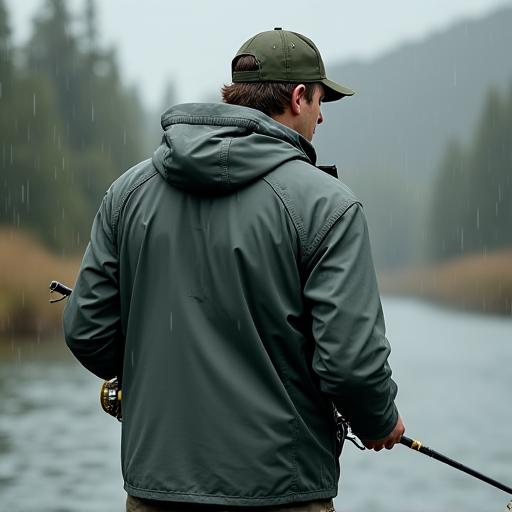 Ein Angler trägt die technische Outdoor-Jacke von Alpenström im Regen